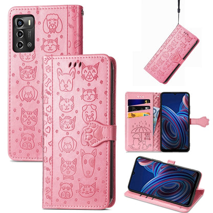 Pink cat and dog embossed leather wallet phone case with stand-ready viewing angle