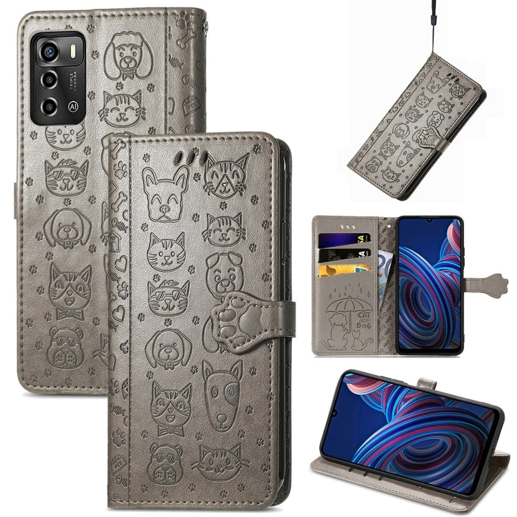 Gray cat and dog embossed leather wallet phone case, folio design with card slots