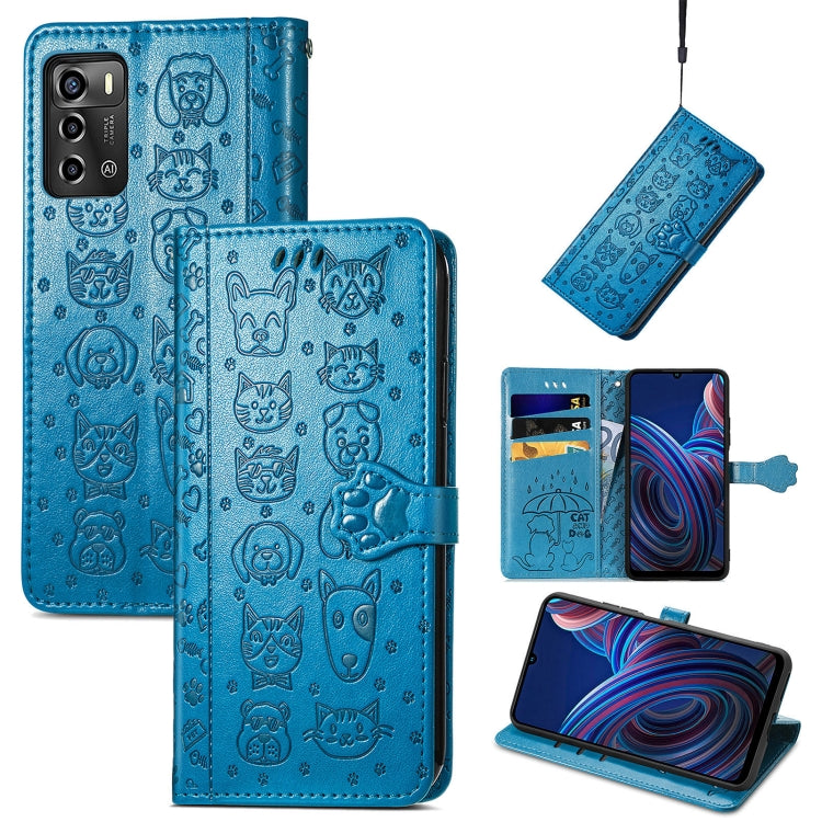 Blue embossed cat and dog leather-look wallet phone case with folio cover and kickstand