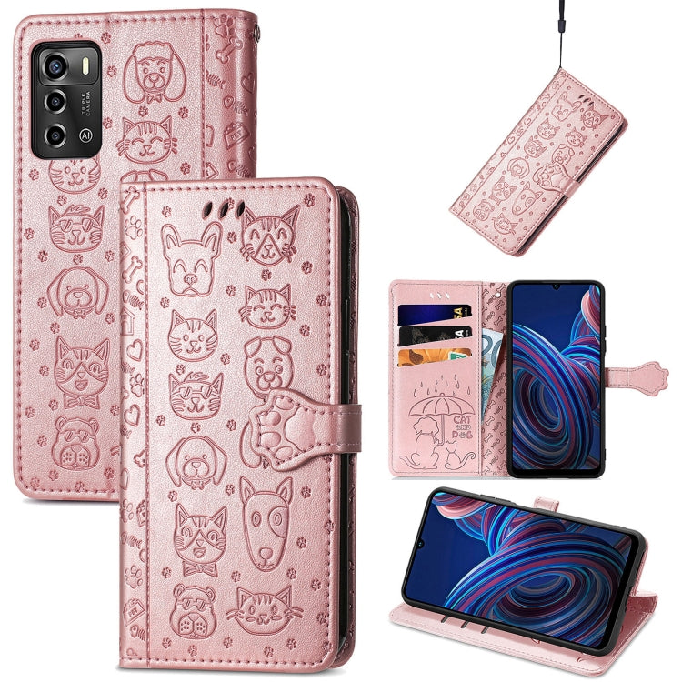Pink embossed cat and dog leather phone case with flip cover and card pocket