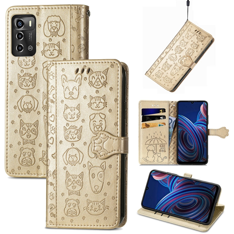 Embossed cat and dog leather phone case with folio stand, beige with matching strap