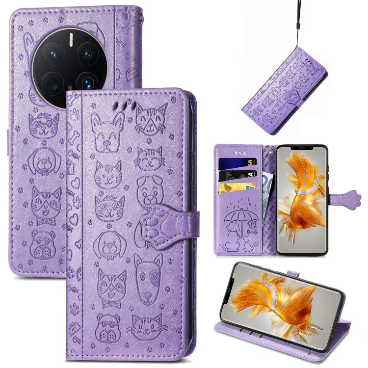 Purple embossed cat-and-dog leather phone wallet case with card slots and folded stand