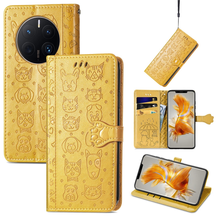 Gold cat and dog embossed leather wallet phone case with flip cover, card slots and stand
