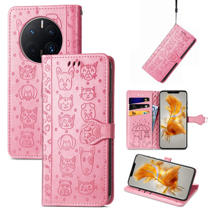 Pink cat and dog embossed leather wallet phone case, folio cover with card slots