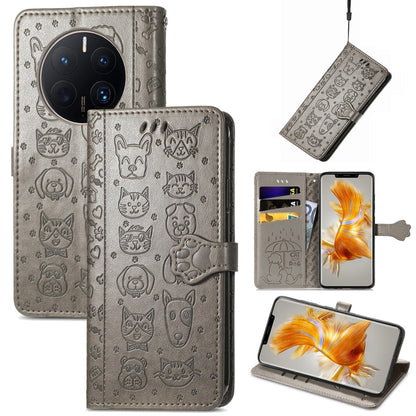 Gray embossed cat and dog leather-look wallet phone case with card slots and folio cover