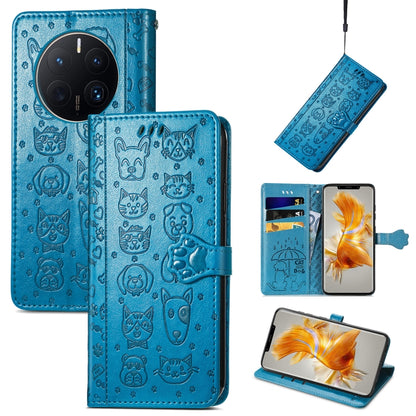 Blue embossed cat and dog leather-look wallet phone case with folio cover and card slots