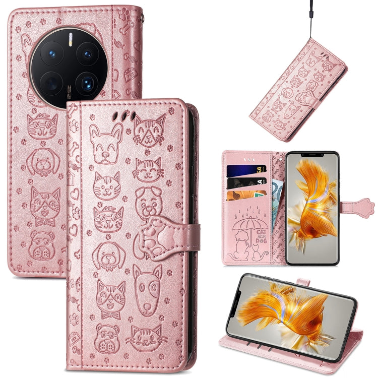 Pink embossed cat and dog leather flip phone case with card slots and camera cutout