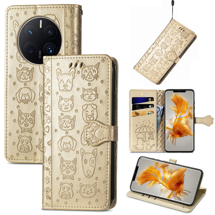 Embossed cat and dog leather folio phone case, beige with card slots and side strap