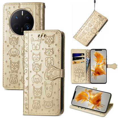 Embossed cat and dog leather folio phone case, beige with card slots and side strap