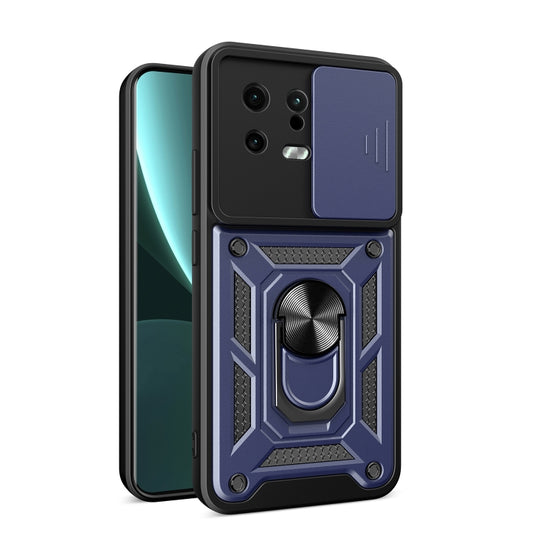 Blue rugged phone case with sliding camera cover and circular ring holder
