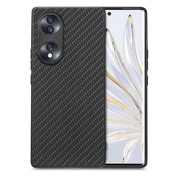 Black carbon-fiber texture leather phone case with dual camera cutouts and raised edges