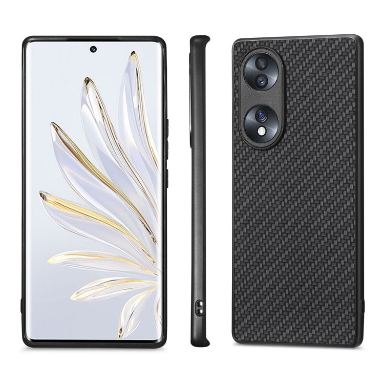 Carbon-fiber texture leather phone case set: front view, side, and black back