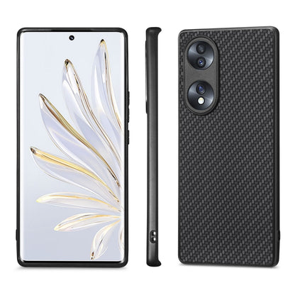 Carbon-fiber texture leather phone case set: front view, side, and black back