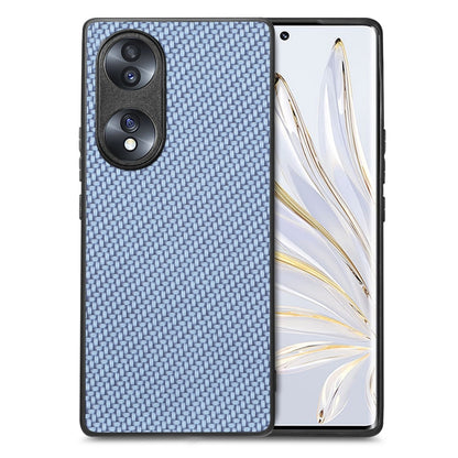 Blue carbon-fiber texture leather phone case with dual camera cutouts and raised edges