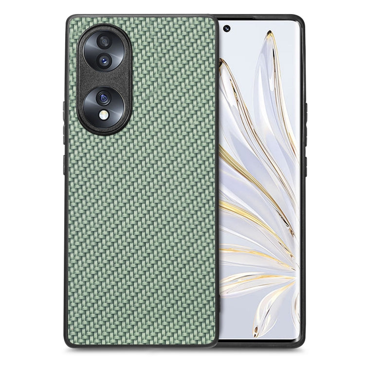 Green carbon-fiber texture leather phone case with dual camera cutouts and raised edges