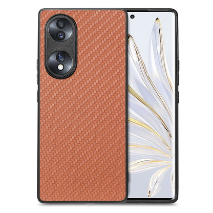 Brown carbon-fiber texture leather phone case with dual camera cutouts and raised edges