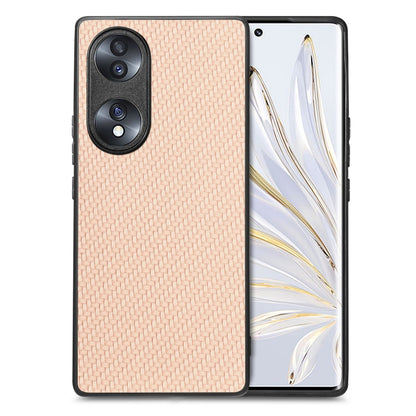 Khaki carbon-fiber texture leather phone case with dual camera cutouts and raised edges