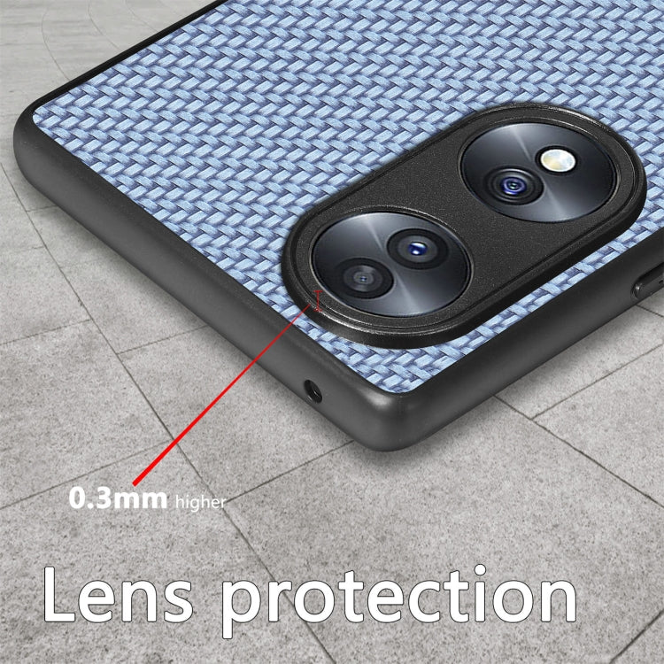 Blue woven texture phone case with dual camera cutout and raised lens protection