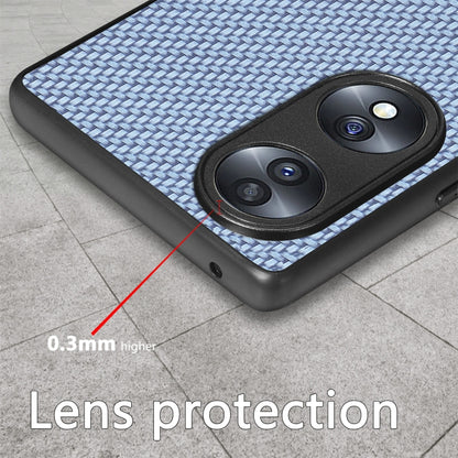 Blue woven texture phone case with dual camera cutout and raised lens protection