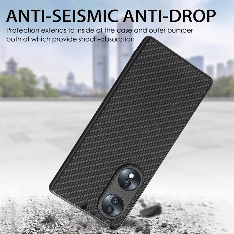 Black carbon-fiber texture phone case with dual camera cutout and anti-drop design
