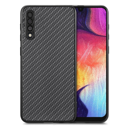Carbon-fiber texture leather phone case with dual camera cutouts, dark gray finish