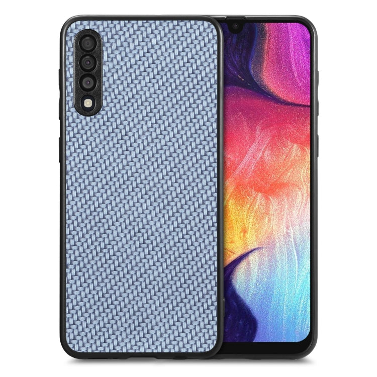 Blue carbon-fiber texture leather phone case with dual camera cutouts, shown front and back