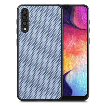 Blue carbon-fiber texture leather phone case with dual camera cutouts, shown front and back
