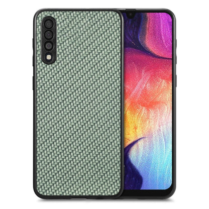 Green carbon-fiber texture leather phone case with dual camera cutouts, front and back