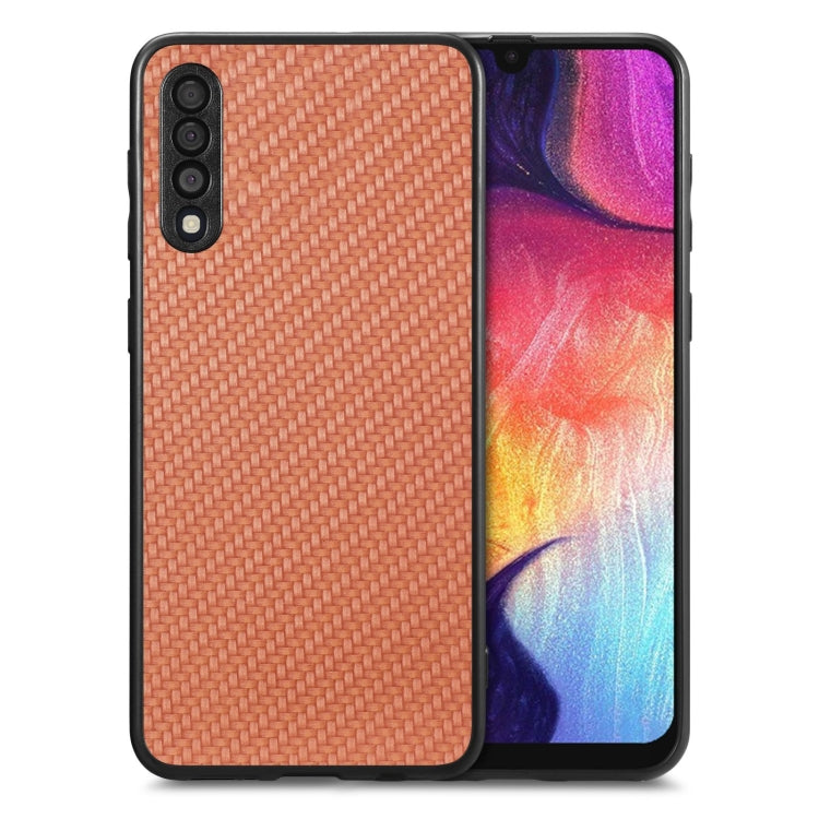 Brown carbon-fiber texture leather phone case with dual camera cutouts, shown front and back