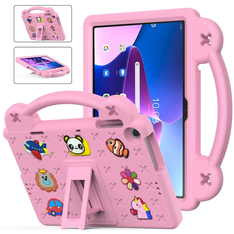 Pink kids EVA tablet case with carry handle, kickstand, and animal cartoon pattern