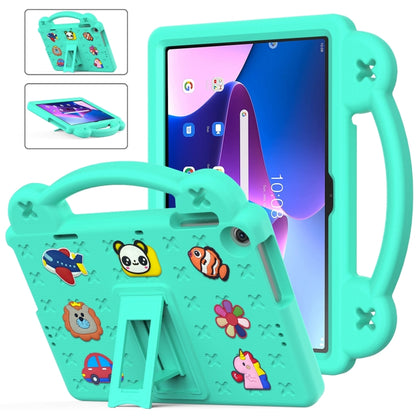 Mint green kids EVA tablet case with carry handle, kickstand, and animal cartoon pattern