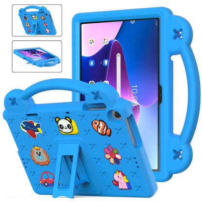 Navy blue kids EVA tablet case with carry handle, kickstand, and colorful cartoon animals