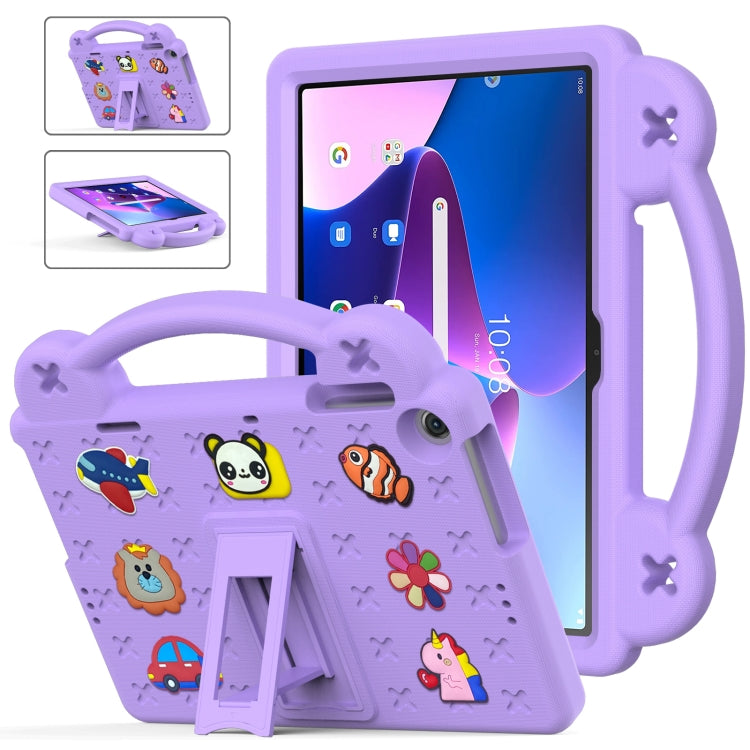 Light purple kids EVA tablet case with carry handle, kickstand, and animal cartoon pattern