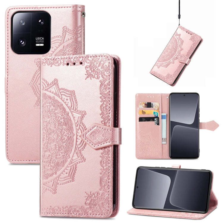 Rose embossed leather folio phone case with mandala pattern, card slots, and side strap