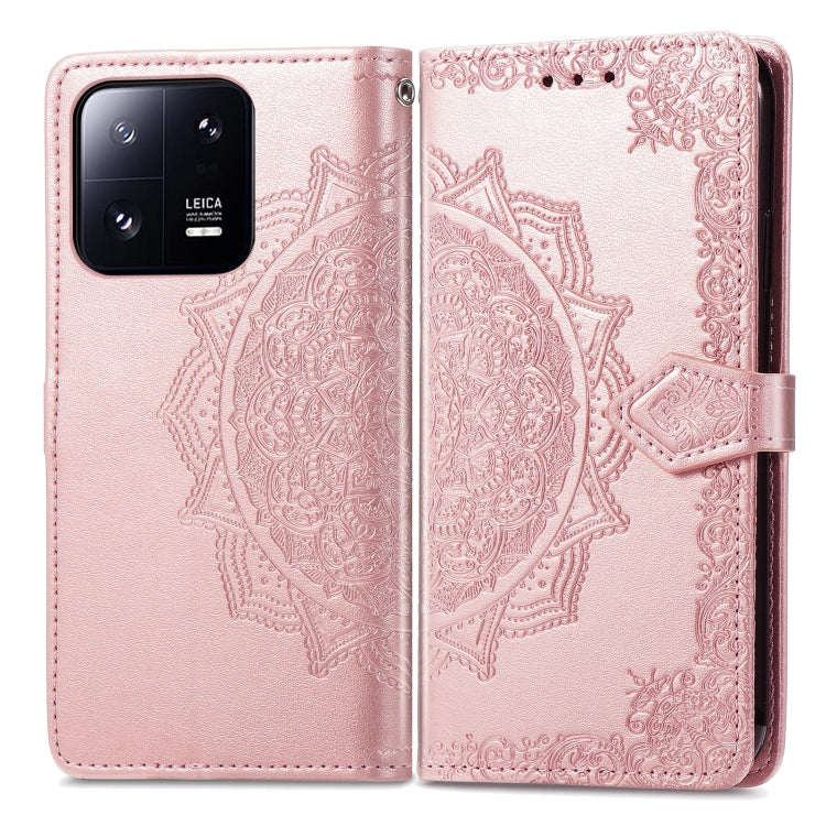 Rose embossed leather folio case with mandala flower pattern and flip cover with strap