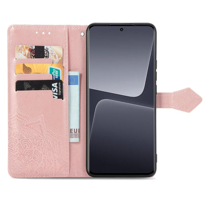 Rose embossed folio phone case with mandala design, open cover, and card pocket slots