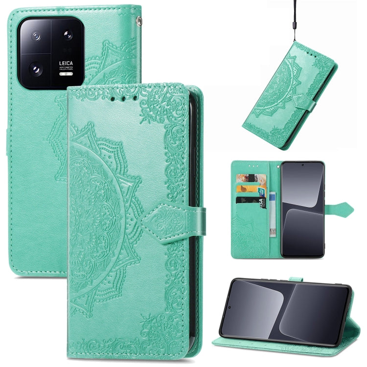 Embossed mandala leather wallet phone case with magnetic flap, teal, card slot pocket