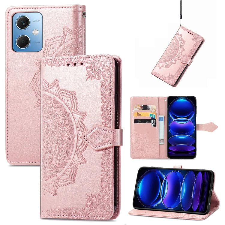 Rose embossed leather folio phone case with mandala flower embossing and side card slot