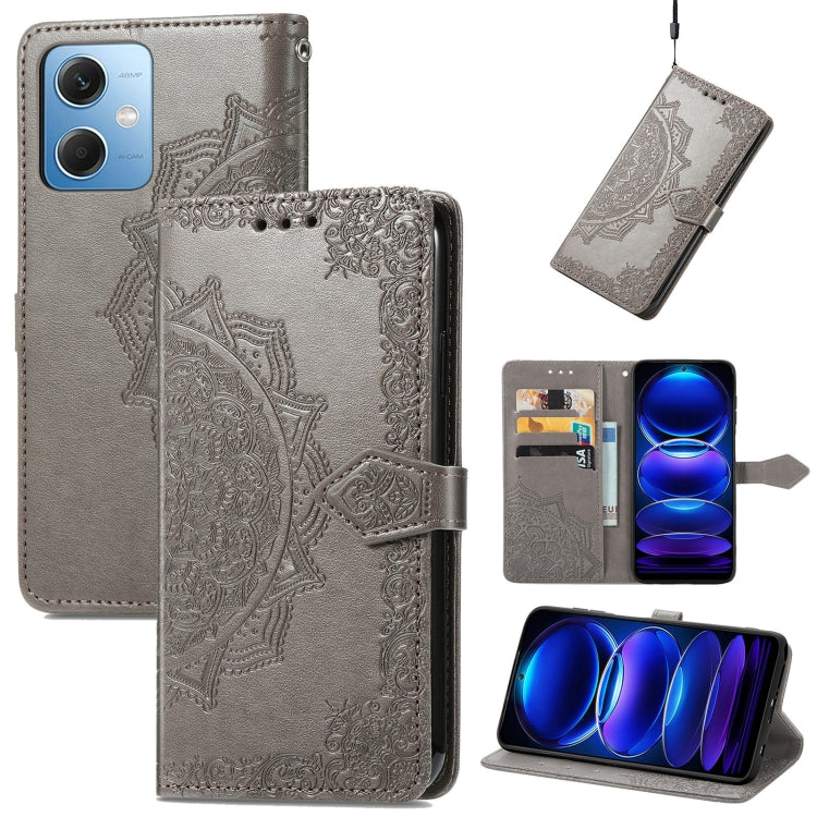 Mandala flower embossed leather phone case, gray folio with card slots and strap