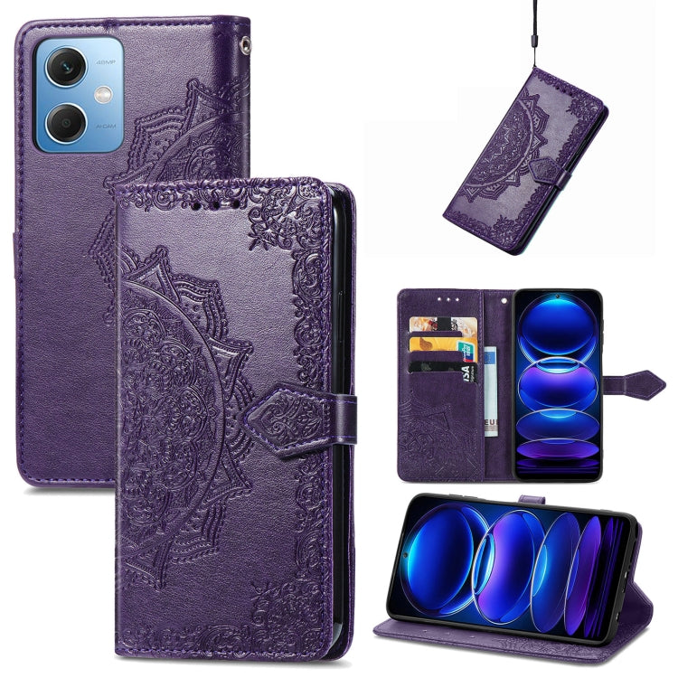 Mandala flower embossed leather phone case, purple folio with card slots and strap