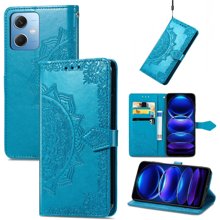 Bright blue embossed mandala flower leather folio phone case with magnetic side strap