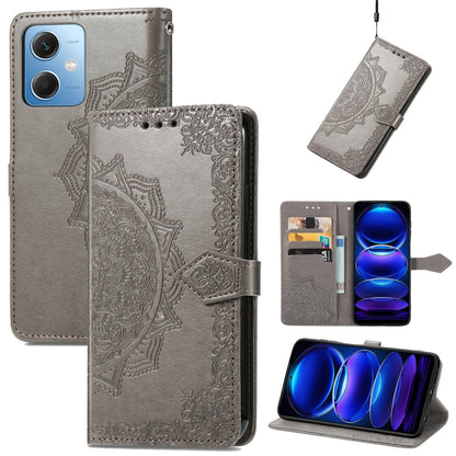 Mandala flower embossed leather phone case, gray folio with card slots and strap
