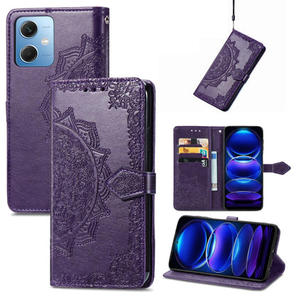 Mandala flower embossed leather phone case, purple folio with card slots and strap