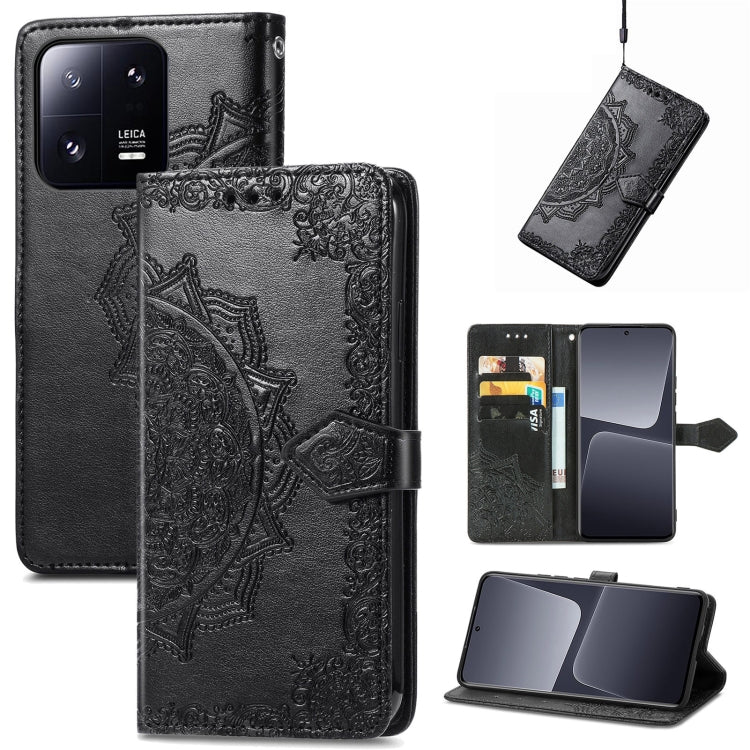 Embossed mandala leather wallet phone case with magnetic flap, dark gray, card slot pocket