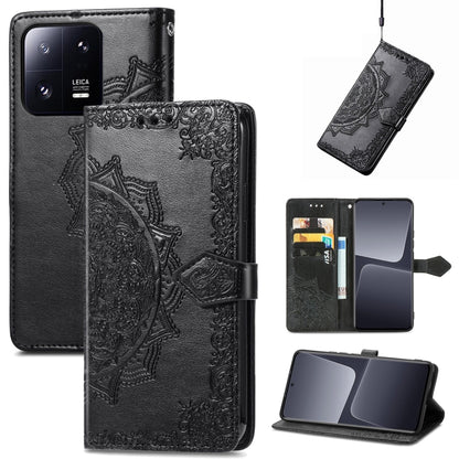 Embossed mandala leather wallet phone case with magnetic flap, dark gray, card slot pocket