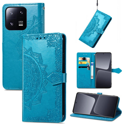 Blue embossed mandala flower leather folio phone case with magnetic side strap