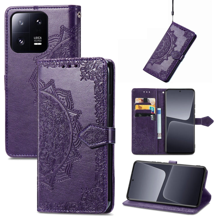 Purple embossed mandala flower leather folio phone case with magnetic side strap