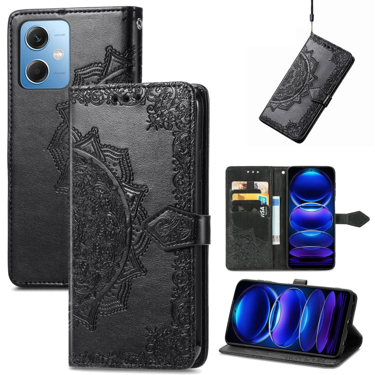 Embossed mandala leather wallet phone case with magnetic flap, black, card slot pocket
