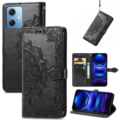 Embossed mandala leather wallet phone case with magnetic flap, black, card slot pocket
