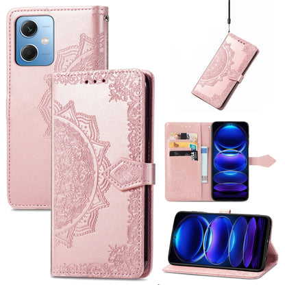 Mandala flower embossed leather phone case, rose folio with card slots and strap